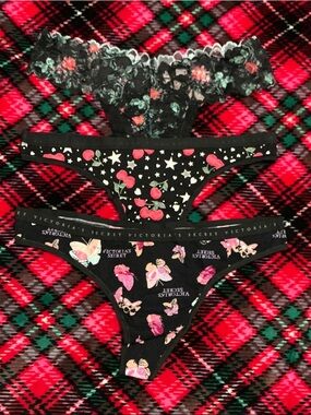 Victoria's Secret Black Floral, Cherry & Butterfly Thong Trio